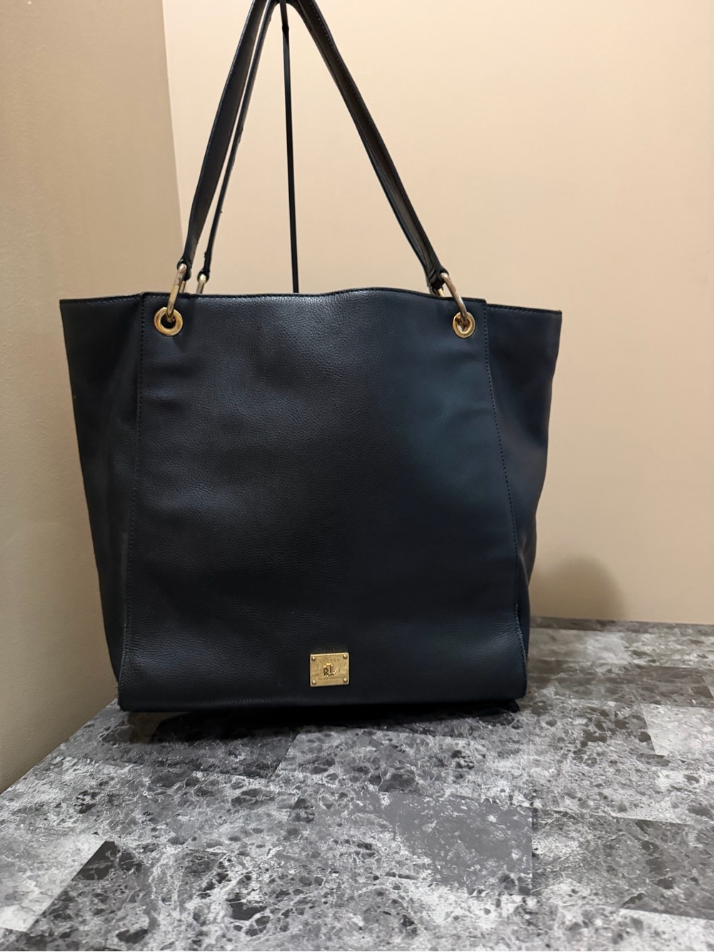 Ralph Lauren Black Leather Tote with Gold Hardware